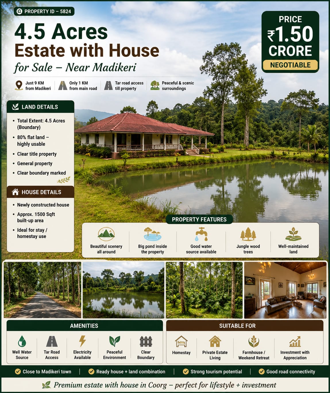 🆔 *PROPERTY ID – 5824* 🌿🏡 *4.5 Acres Estate with House for Sale – Near Madikeri*